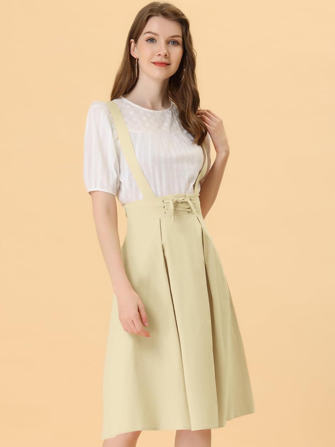 imageAllegra K Womens Cute Suspender Skirt High Waist Overall Corset Skater Skirt Short Mini DressBeige Apricot