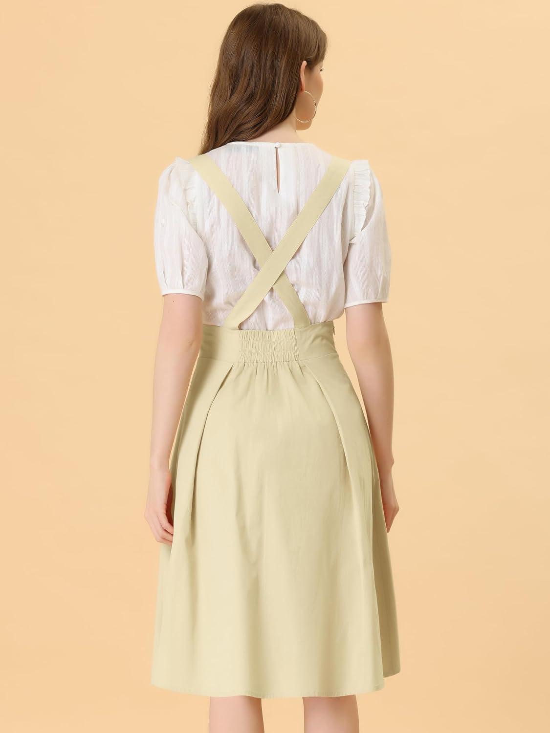 imageAllegra K Womens Cute Suspender Skirt High Waist Overall Corset Skater Skirt Short Mini DressBeige Apricot
