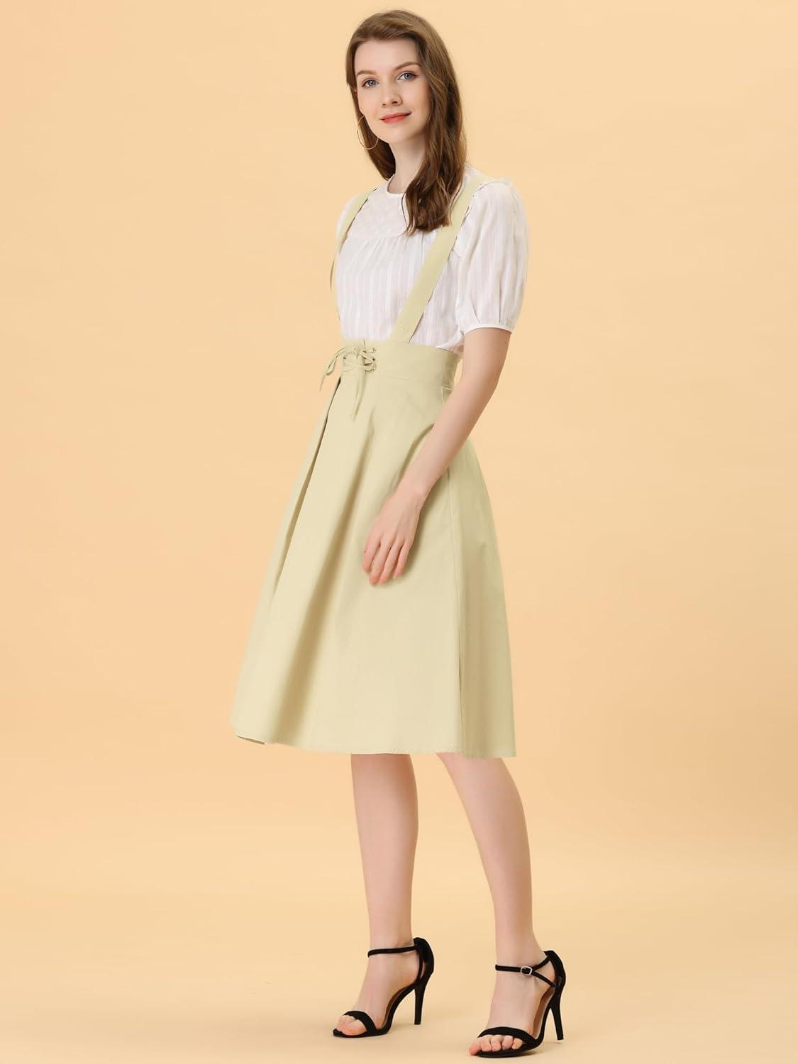 imageAllegra K Womens Cute Suspender Skirt High Waist Overall Corset Skater Skirt Short Mini DressBeige Apricot