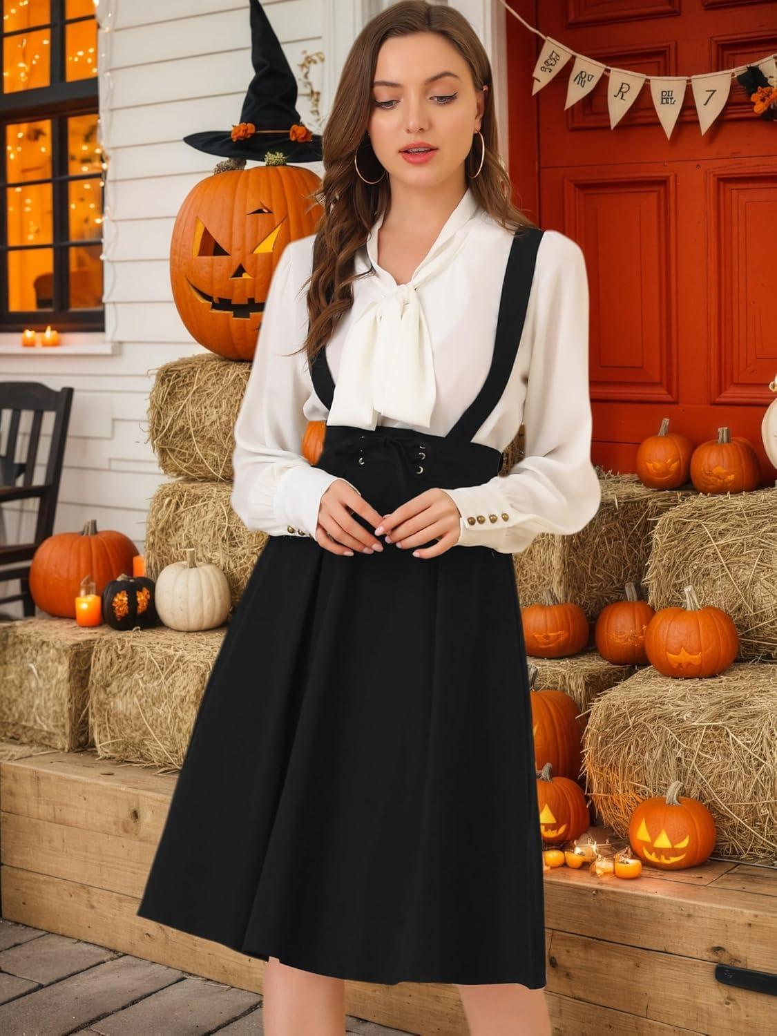 imageAllegra K Womens Cute Suspender Skirt High Waist Overall Corset Skater Skirt Short Mini DressBlack