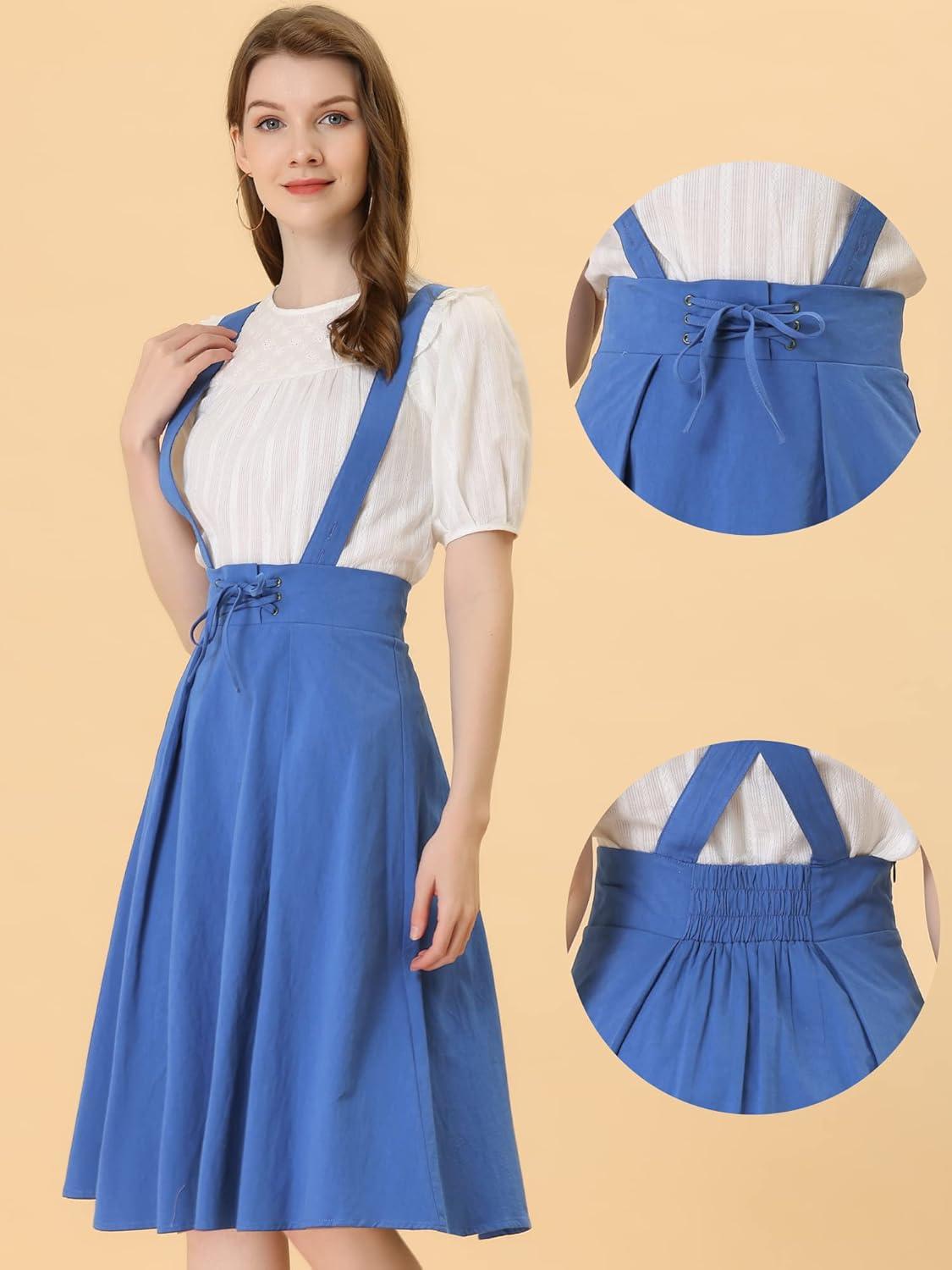 imageAllegra K Womens Cute Suspender Skirt High Waist Overall Corset Skater Skirt Short Mini DressBlue