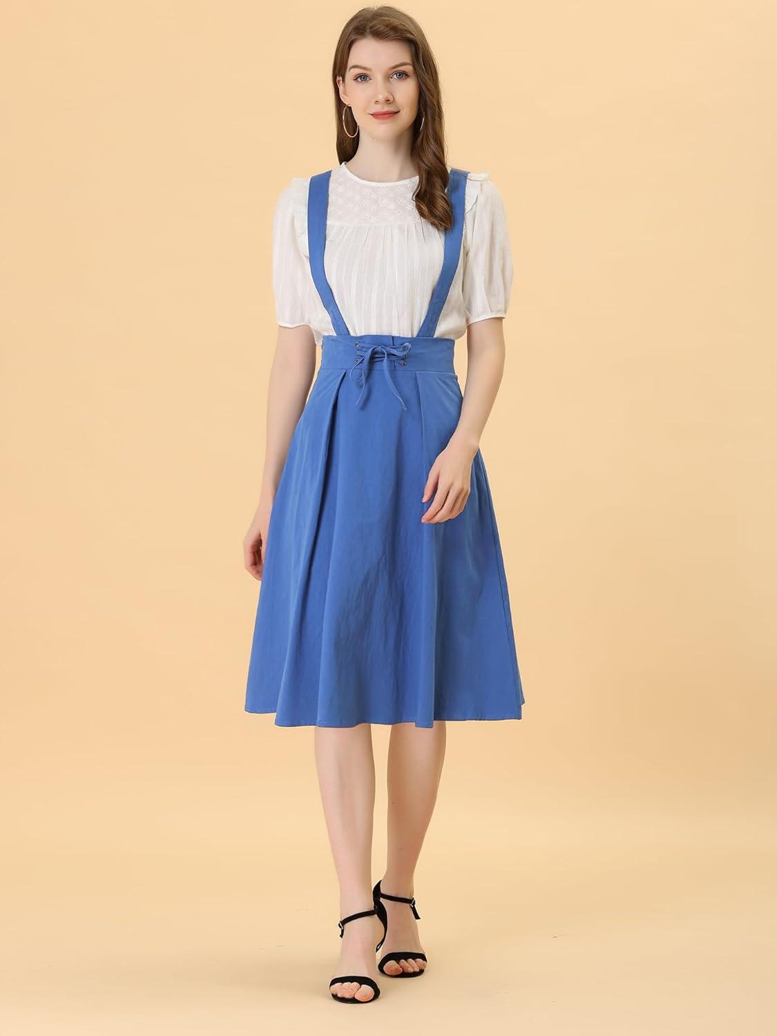 imageAllegra K Womens Cute Suspender Skirt High Waist Overall Corset Skater Skirt Short Mini DressBlue