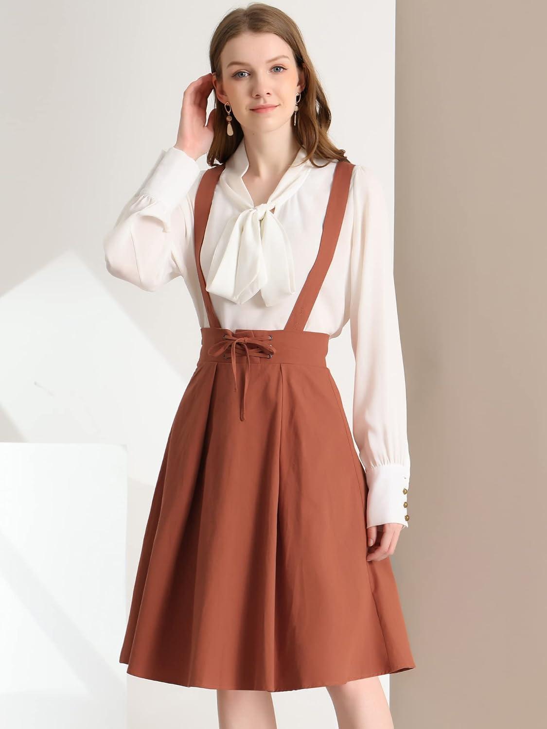 imageAllegra K Womens Cute Suspender Skirt High Waist Overall Corset Skater Skirt Short Mini DressBrown