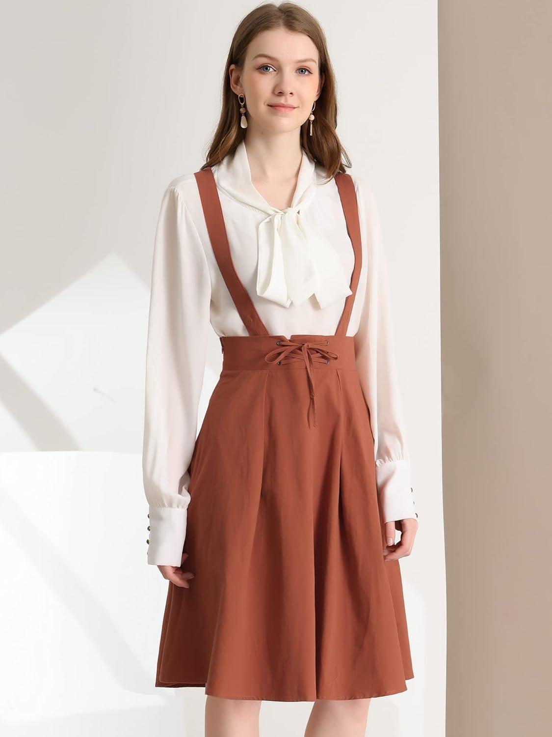 imageAllegra K Womens Cute Suspender Skirt High Waist Overall Corset Skater Skirt Short Mini DressBrown