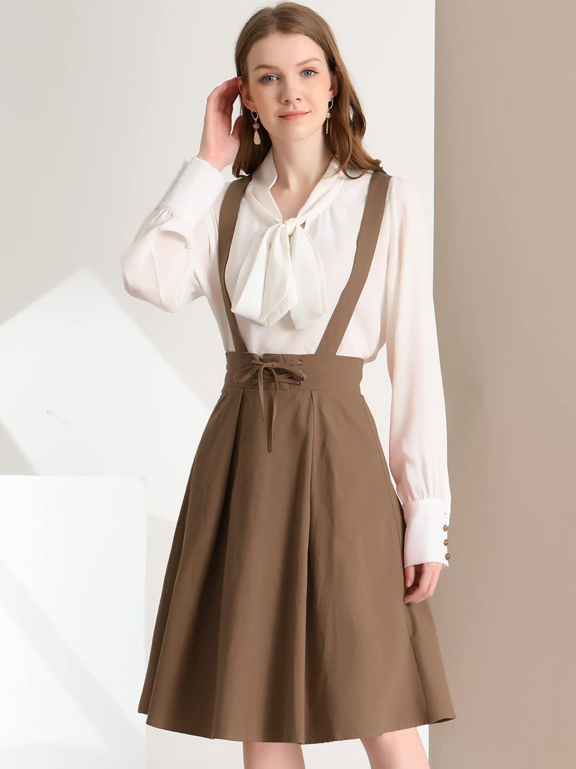 imageAllegra K Womens Cute Suspender Skirt High Waist Overall Corset Skater Skirt Short Mini DressDark Brown