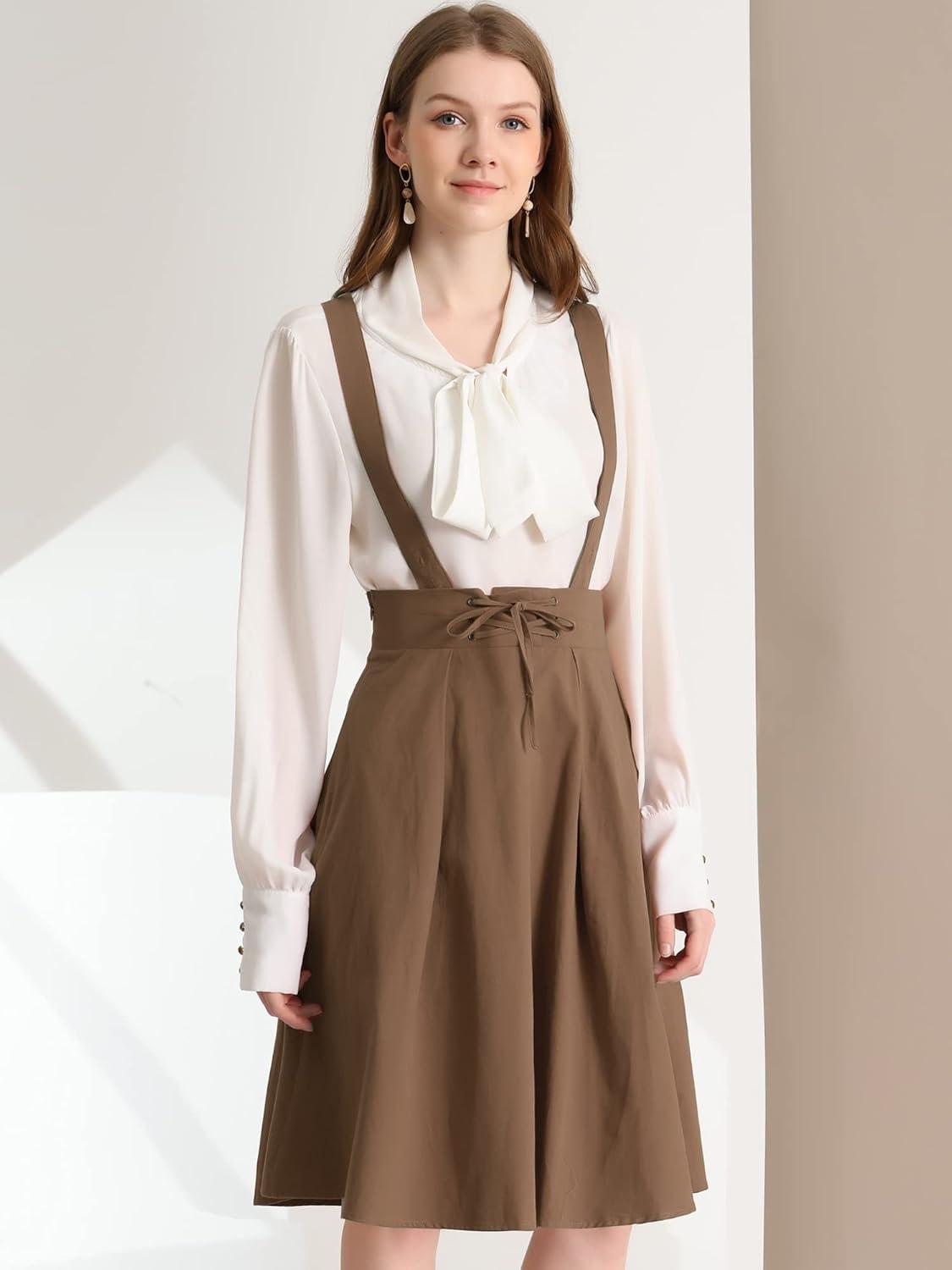 imageAllegra K Womens Cute Suspender Skirt High Waist Overall Corset Skater Skirt Short Mini DressDark Brown