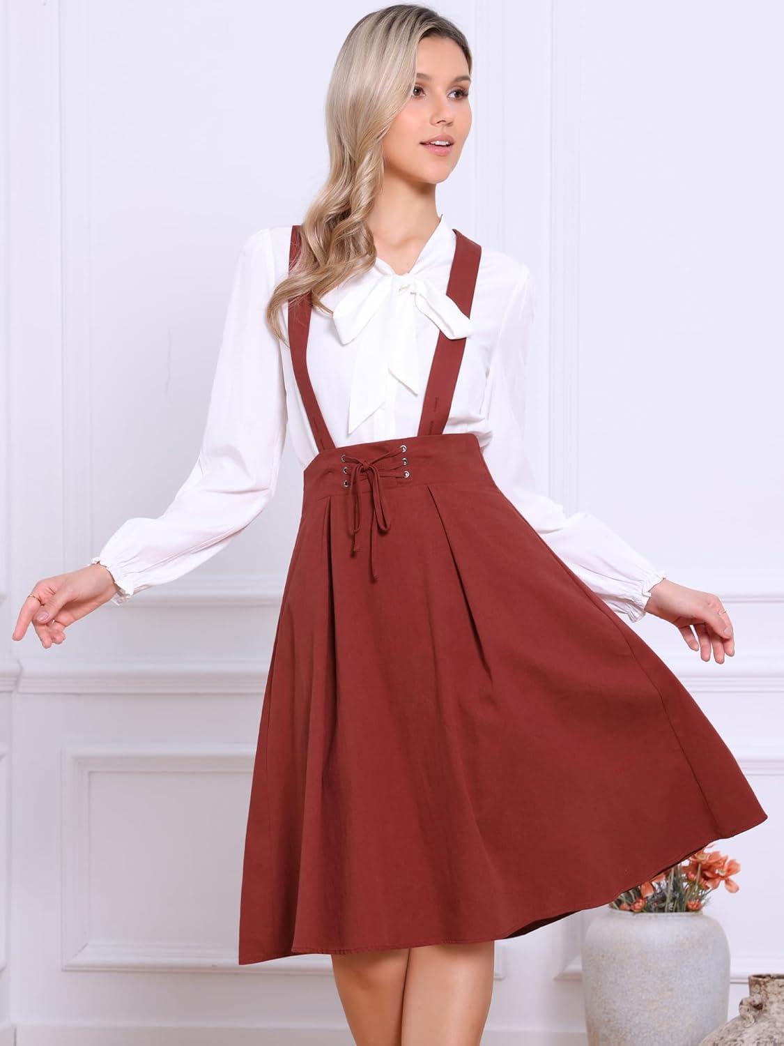 imageAllegra K Womens Cute Suspender Skirt High Waist Overall Corset Skater Skirt Short Mini DressDark Red