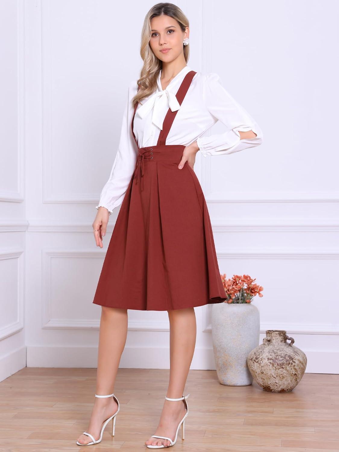 imageAllegra K Womens Cute Suspender Skirt High Waist Overall Corset Skater Skirt Short Mini DressDark Red