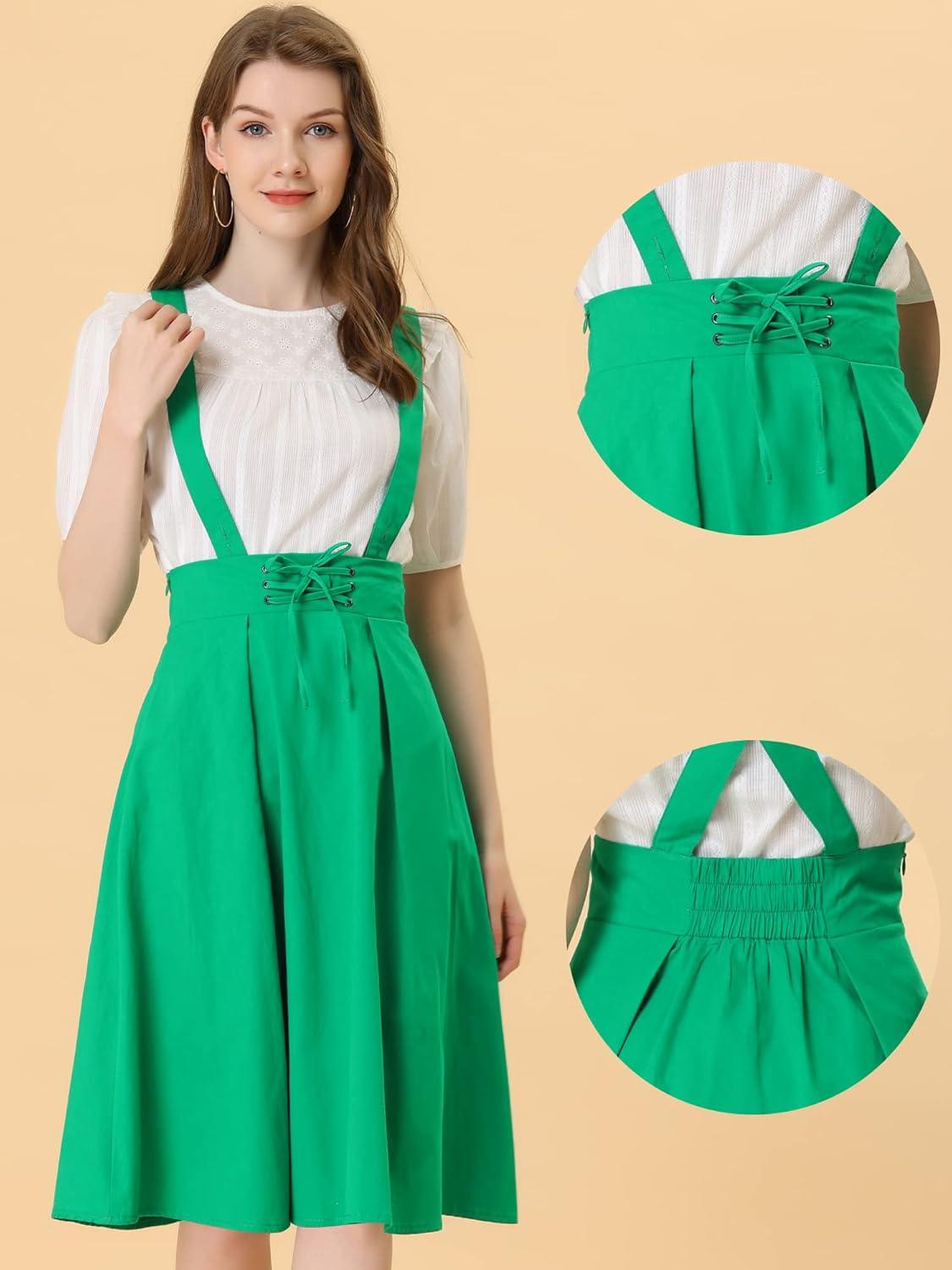 imageAllegra K Womens Cute Suspender Skirt High Waist Overall Corset Skater Skirt Short Mini DressGreen