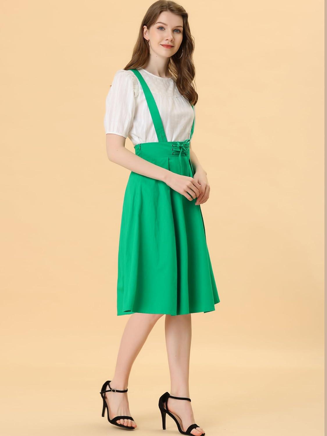 imageAllegra K Womens Cute Suspender Skirt High Waist Overall Corset Skater Skirt Short Mini DressGreen