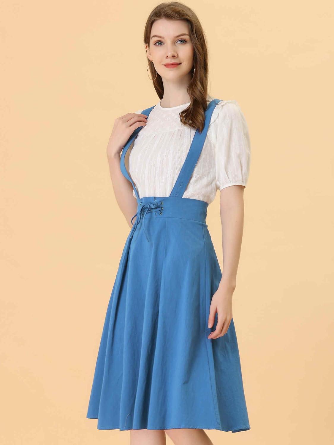 imageAllegra K Womens Cute Suspender Skirt High Waist Overall Corset Skater Skirt Short Mini DressLake Blue