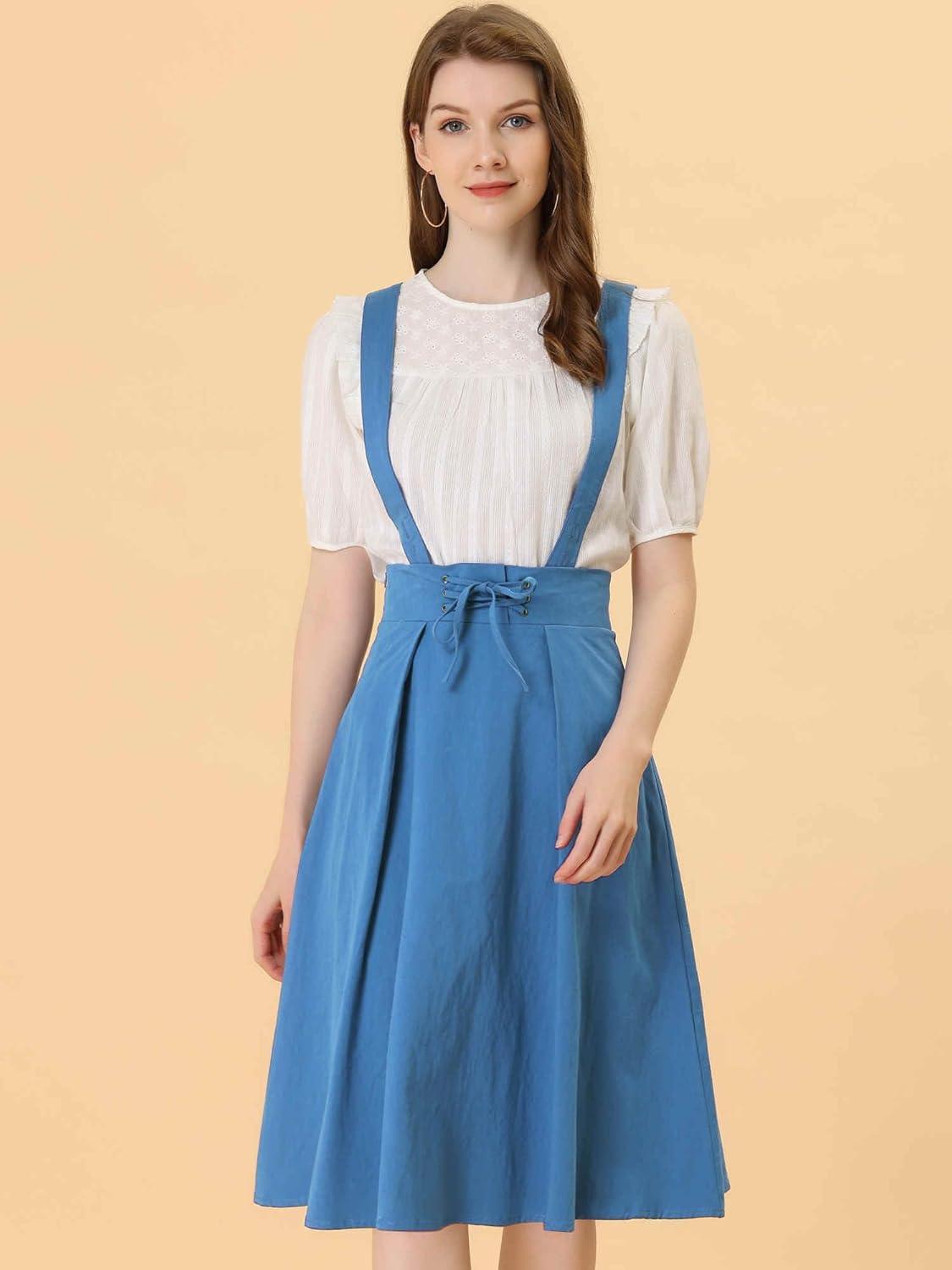 imageAllegra K Womens Cute Suspender Skirt High Waist Overall Corset Skater Skirt Short Mini DressLake Blue