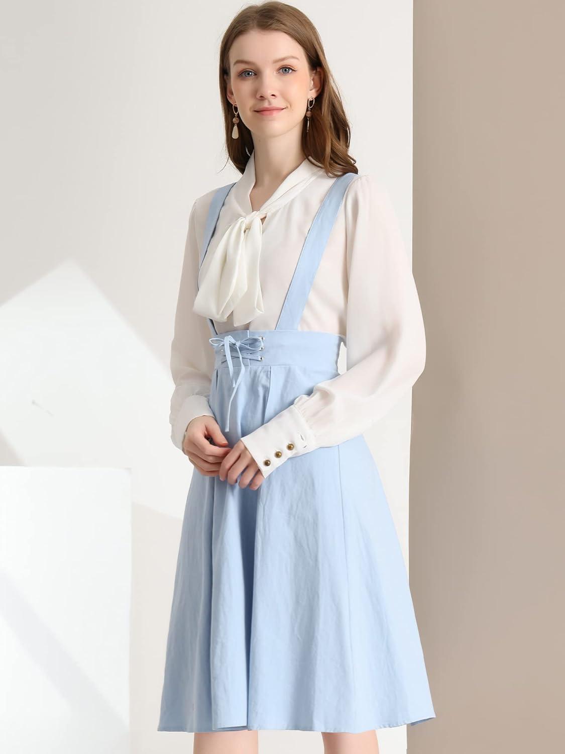 imageAllegra K Womens Cute Suspender Skirt High Waist Overall Corset Skater Skirt Short Mini DressLight Blue