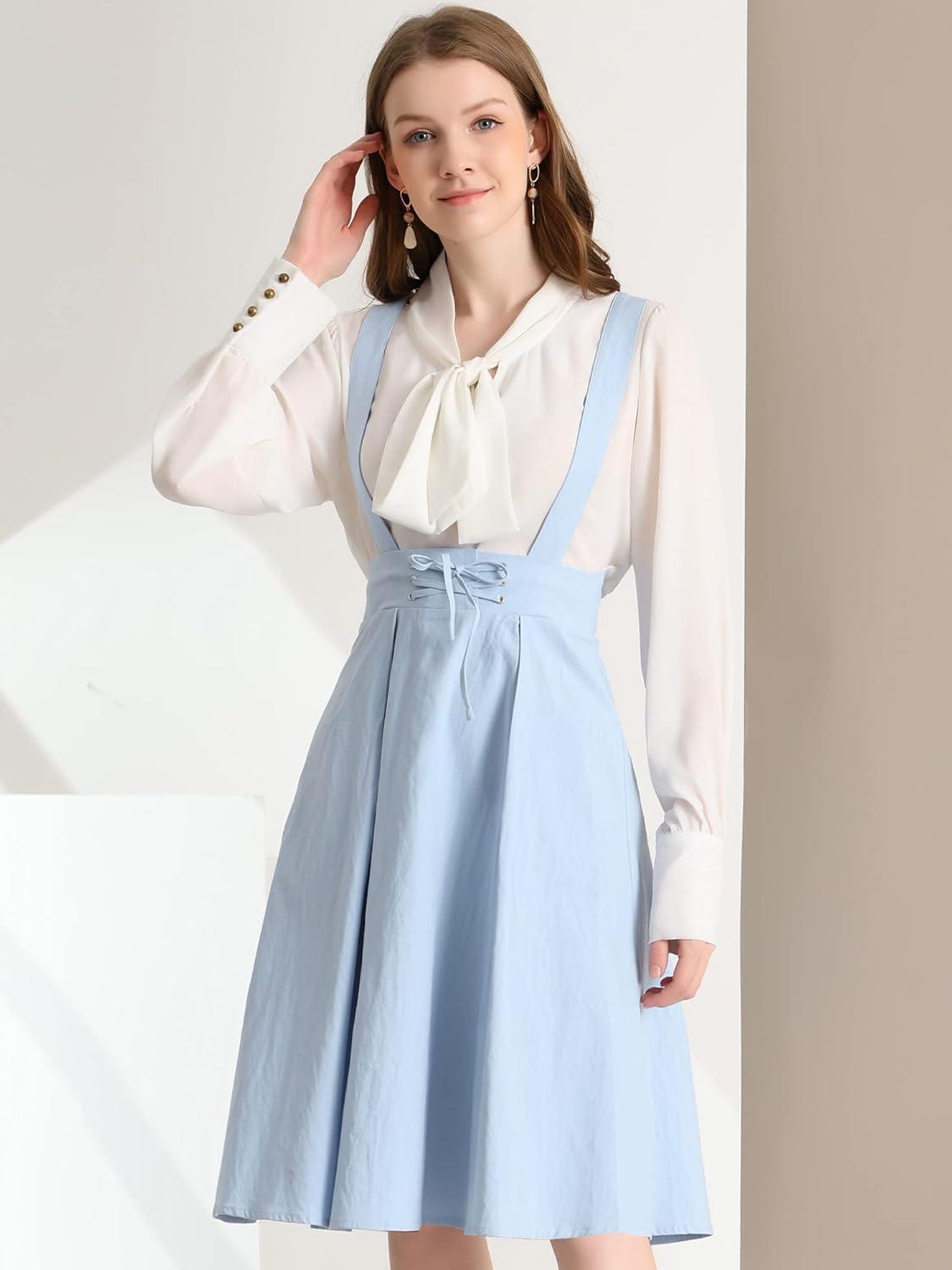 imageAllegra K Womens Cute Suspender Skirt High Waist Overall Corset Skater Skirt Short Mini DressLight Blue