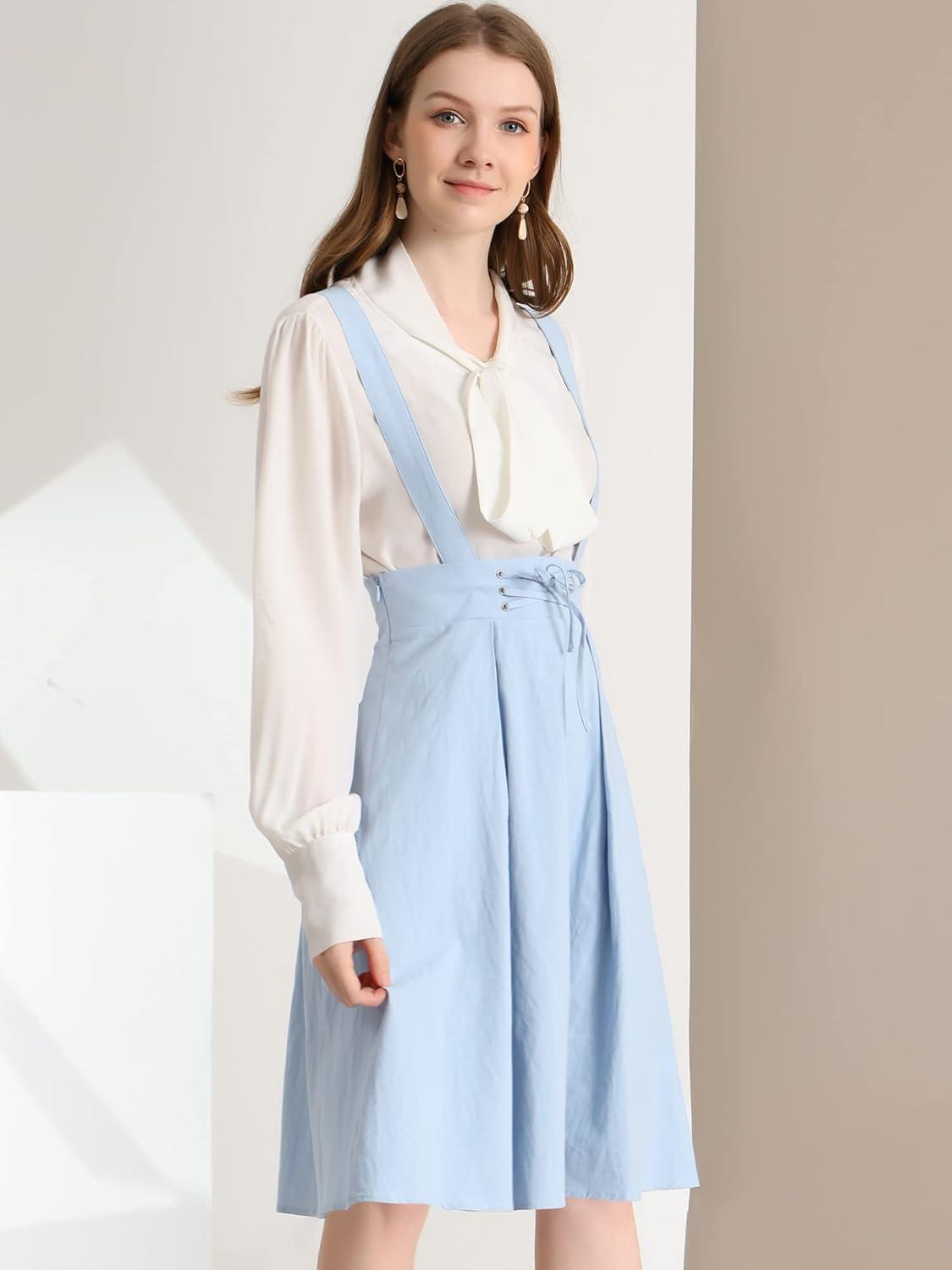 imageAllegra K Womens Cute Suspender Skirt High Waist Overall Corset Skater Skirt Short Mini DressLight Blue