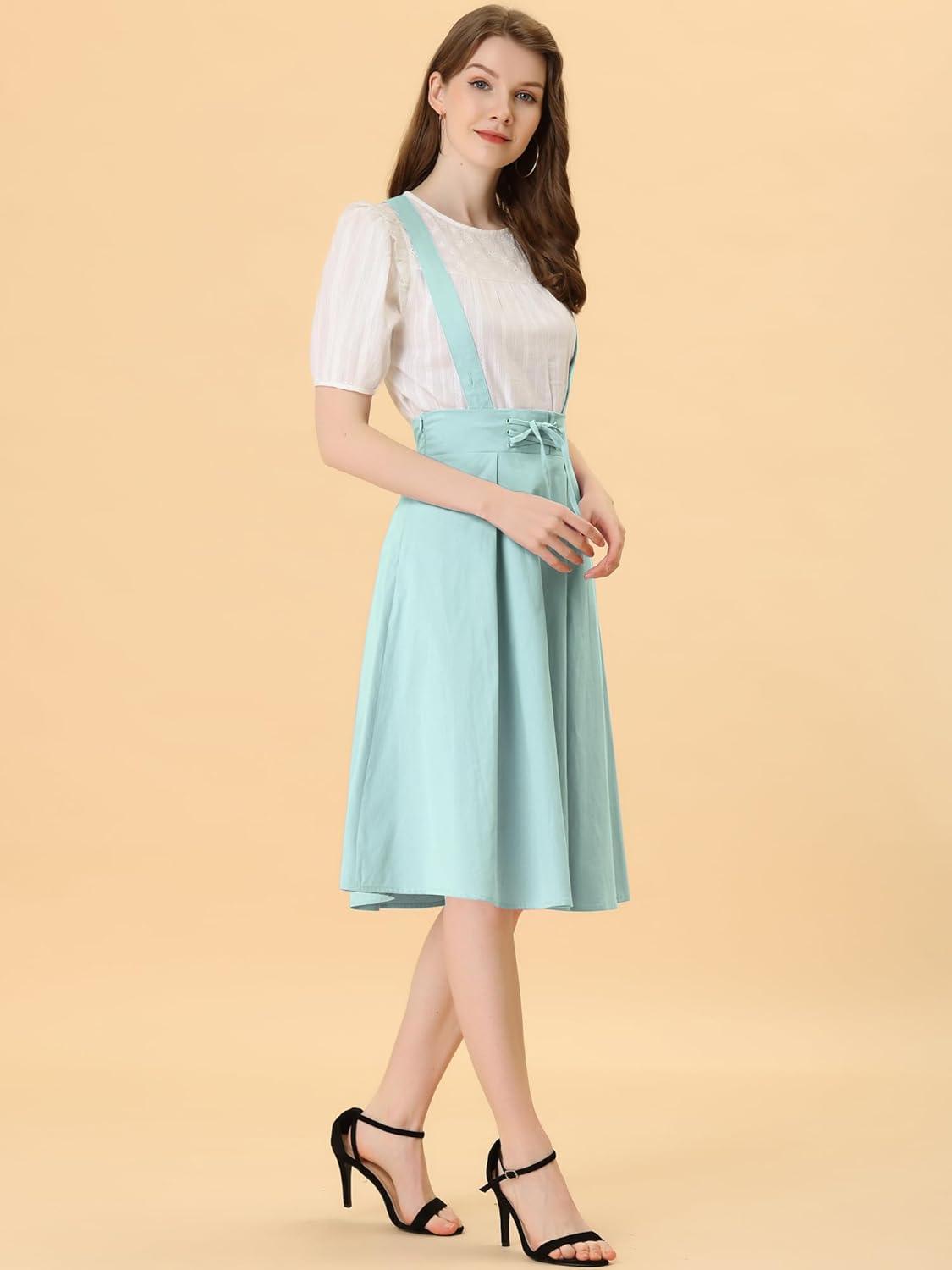 imageAllegra K Womens Cute Suspender Skirt High Waist Overall Corset Skater Skirt Short Mini DressLight Green