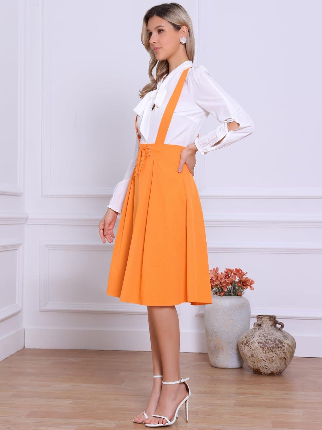 imageAllegra K Womens Cute Suspender Skirt High Waist Overall Corset Skater Skirt Short Mini DressLight Orange