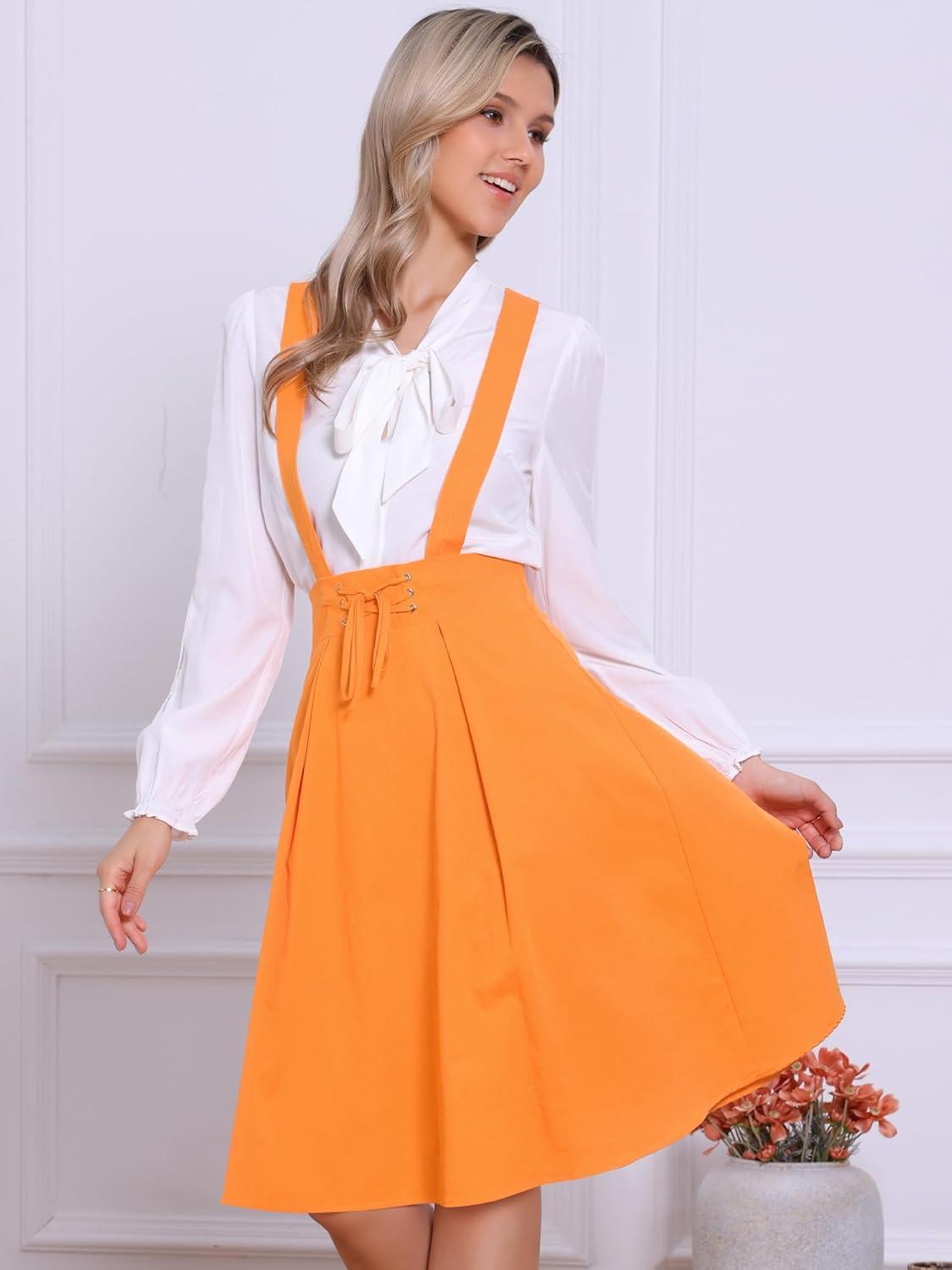 imageAllegra K Womens Cute Suspender Skirt High Waist Overall Corset Skater Skirt Short Mini DressLight Orange