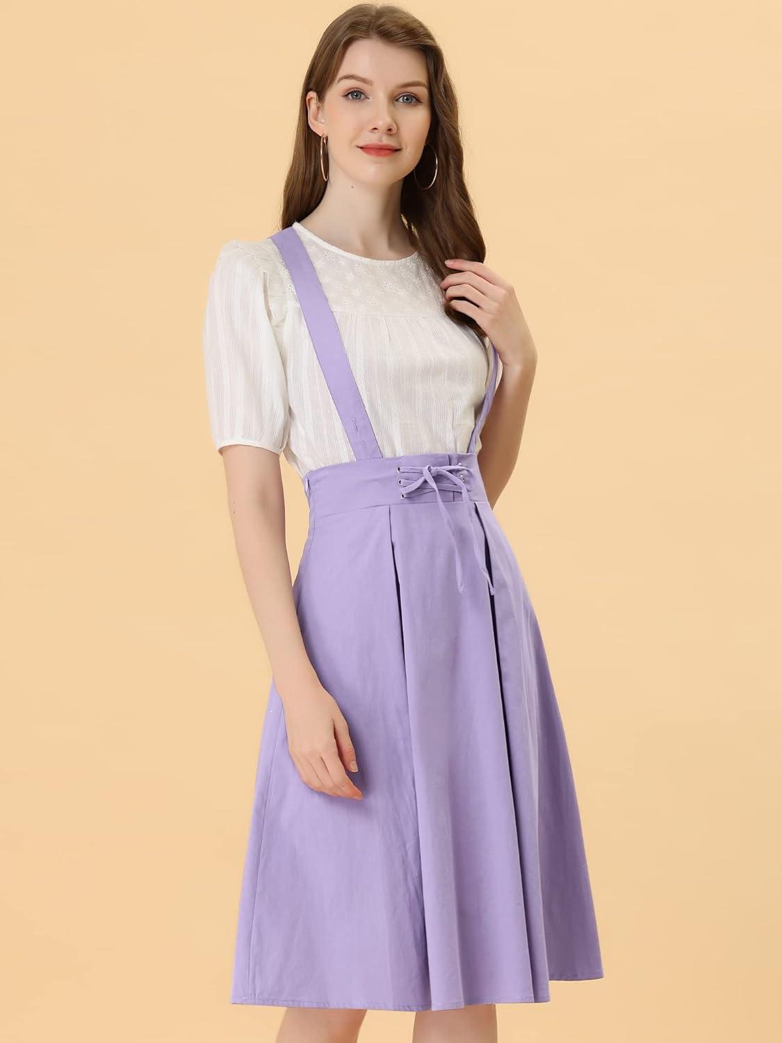 imageAllegra K Womens Cute Suspender Skirt High Waist Overall Corset Skater Skirt Short Mini DressViolet
