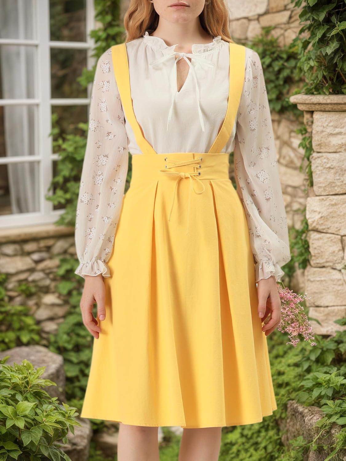 imageAllegra K Womens Cute Suspender Skirt High Waist Overall Corset Skater Skirt Short Mini DressYellow