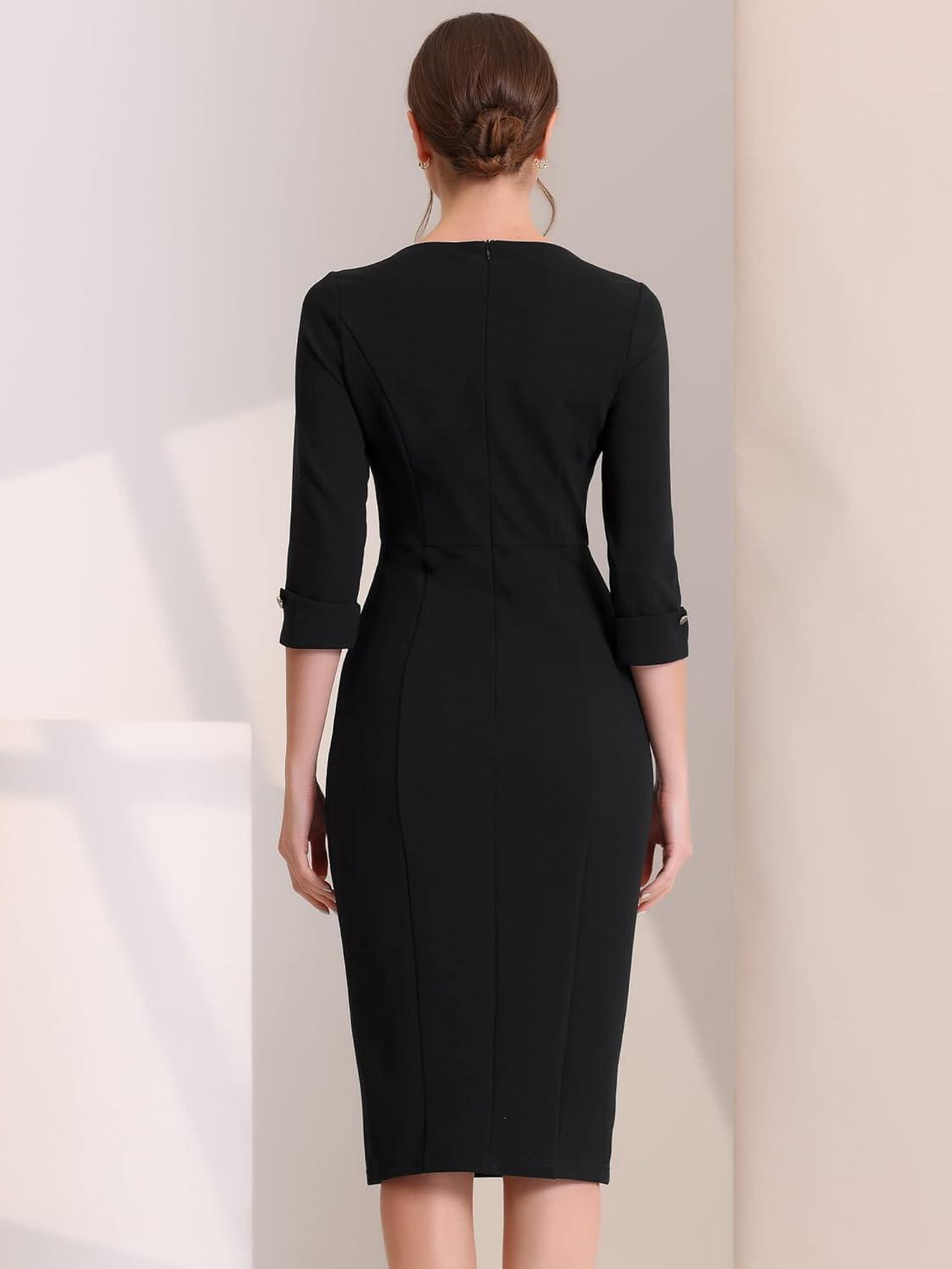 imageAllegra K Womens Elegant Boat Neck 34 Sleeves 2025 Wear to Work Midi Split Sheath DressBlack