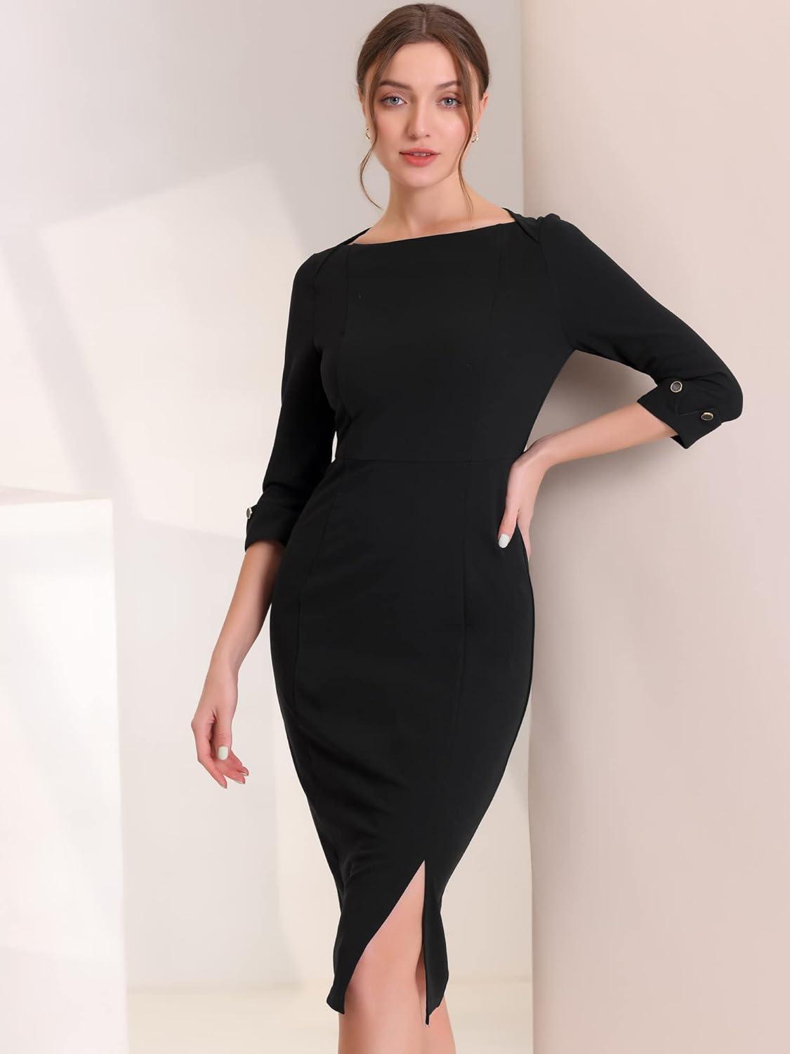 imageAllegra K Womens Elegant Boat Neck 34 Sleeves 2025 Wear to Work Midi Split Sheath DressBlack