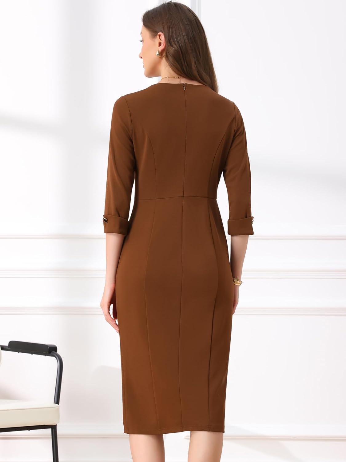 imageAllegra K Womens Elegant Boat Neck 34 Sleeves 2025 Wear to Work Midi Split Sheath DressBrown