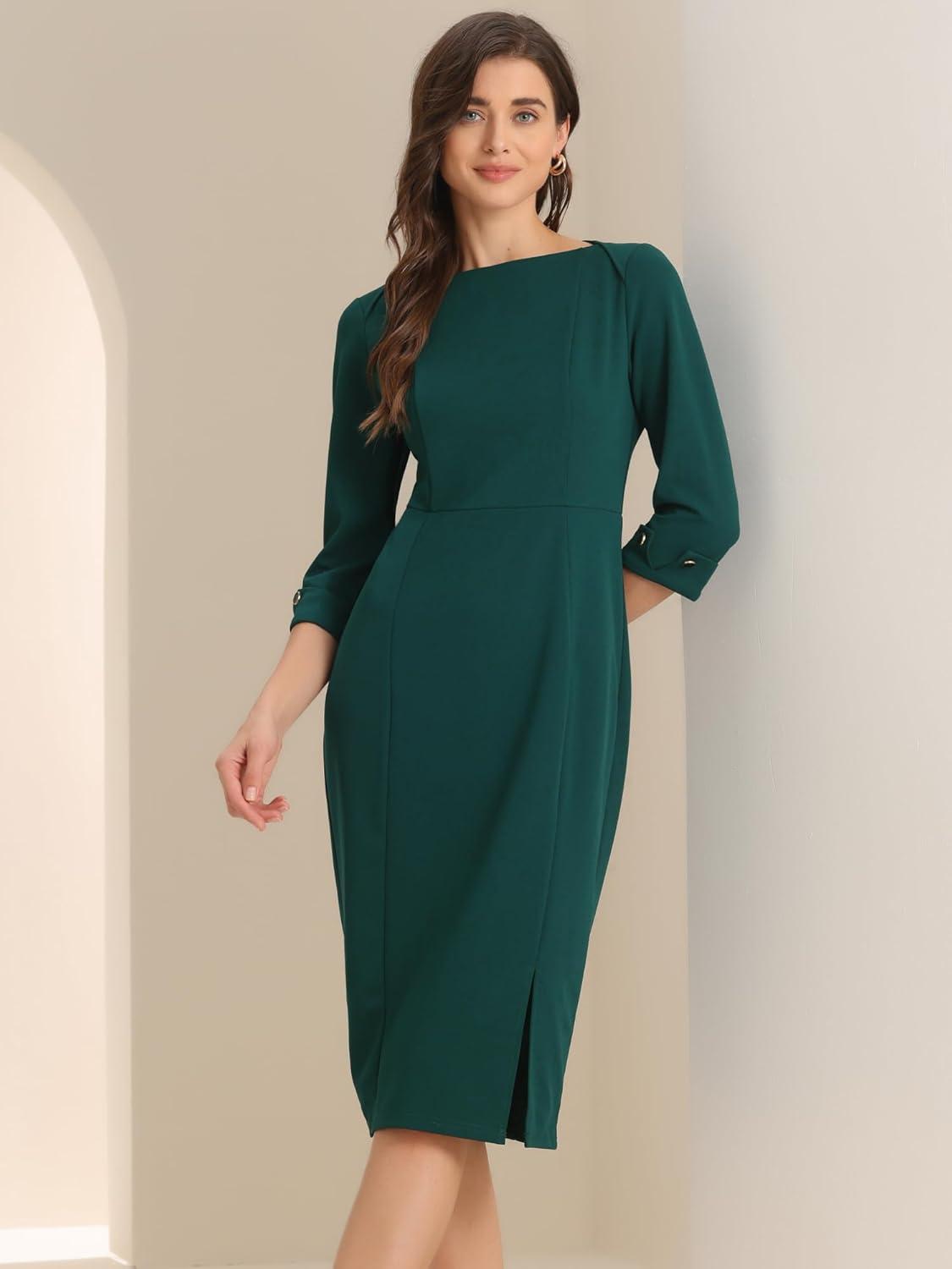 imageAllegra K Womens Elegant Boat Neck 34 Sleeves 2025 Wear to Work Midi Split Sheath DressDeep Green