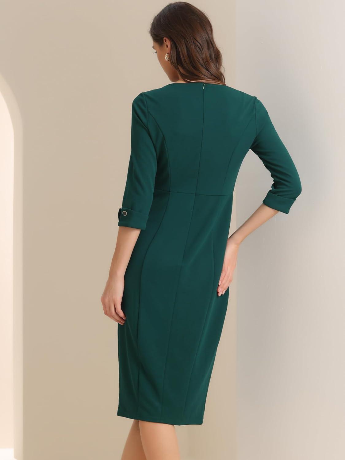 imageAllegra K Womens Elegant Boat Neck 34 Sleeves 2025 Wear to Work Midi Split Sheath DressDeep Green