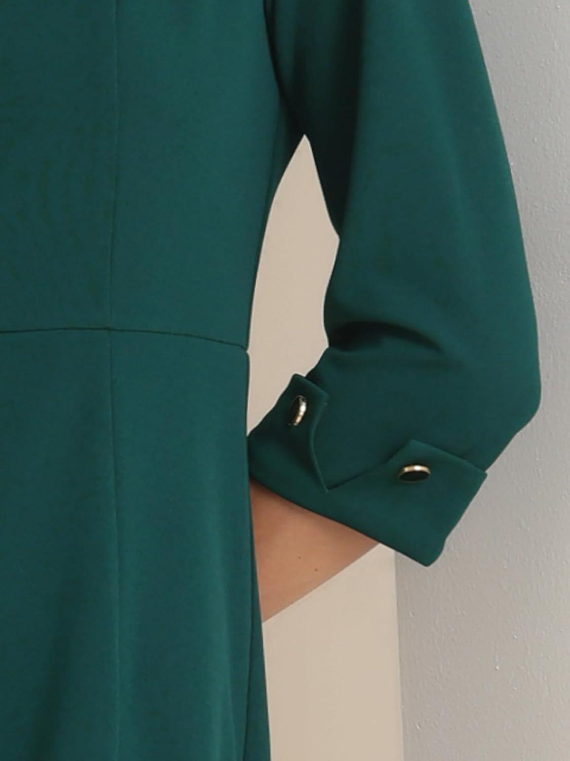 imageAllegra K Womens Elegant Boat Neck 34 Sleeves 2025 Wear to Work Midi Split Sheath DressDeep Green