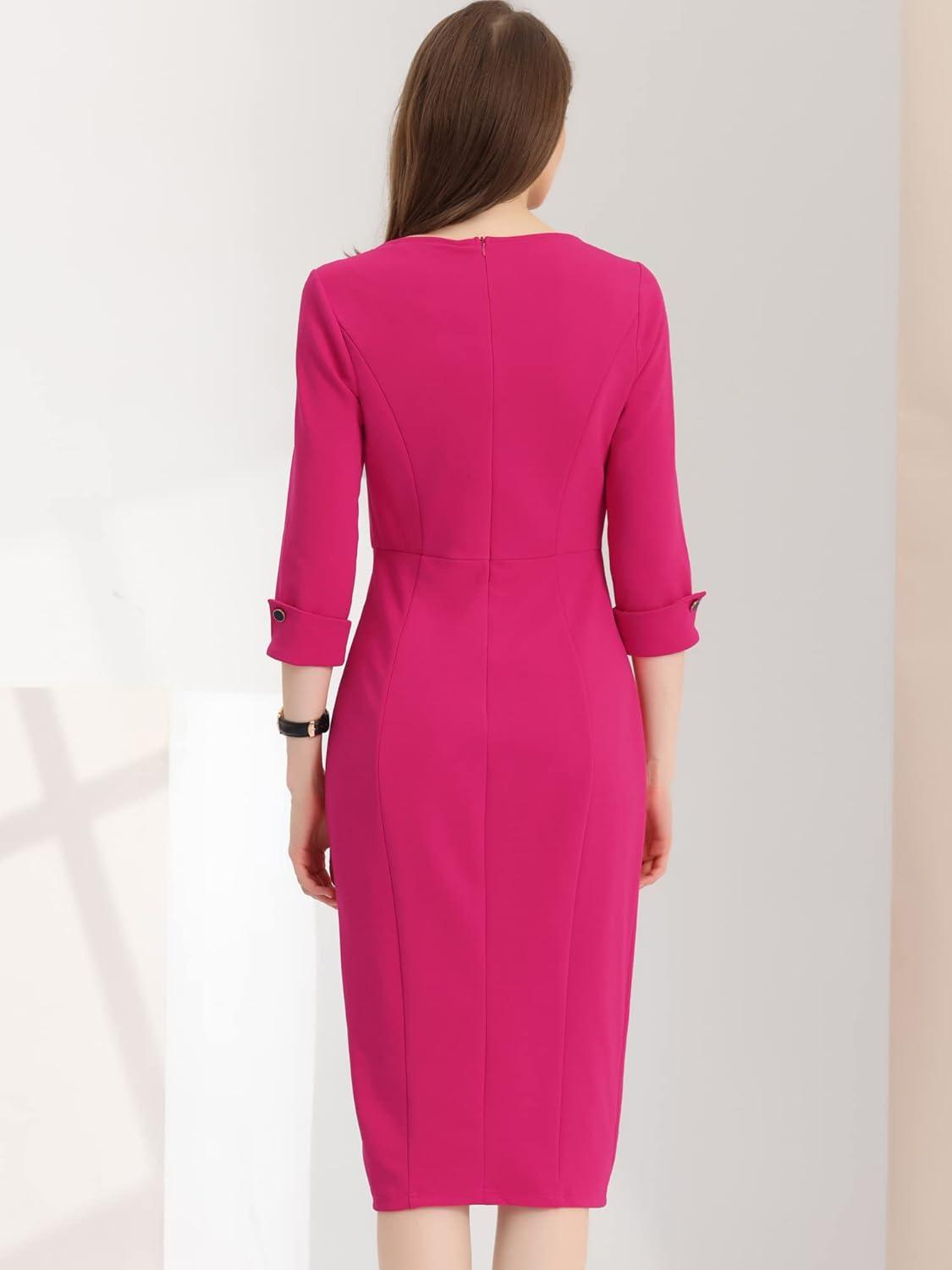 imageAllegra K Womens Elegant Boat Neck 34 Sleeves 2025 Wear to Work Midi Split Sheath DressFushcia