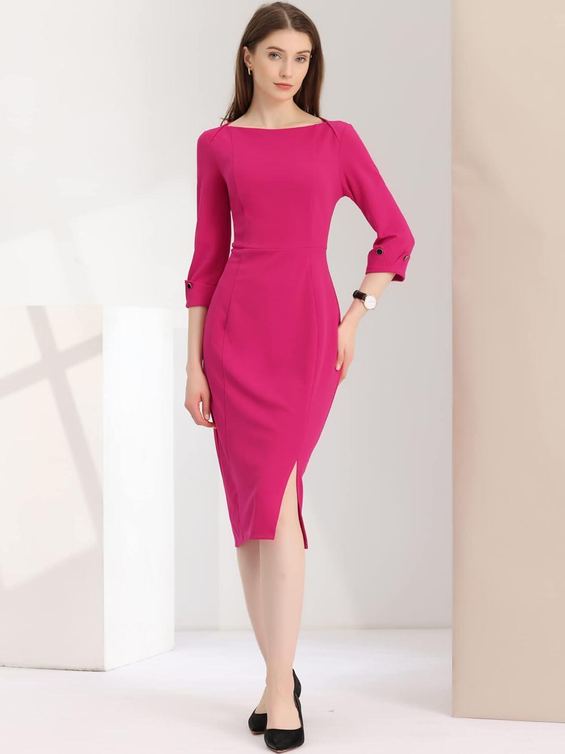 imageAllegra K Womens Elegant Boat Neck 34 Sleeves 2025 Wear to Work Midi Split Sheath DressFushcia