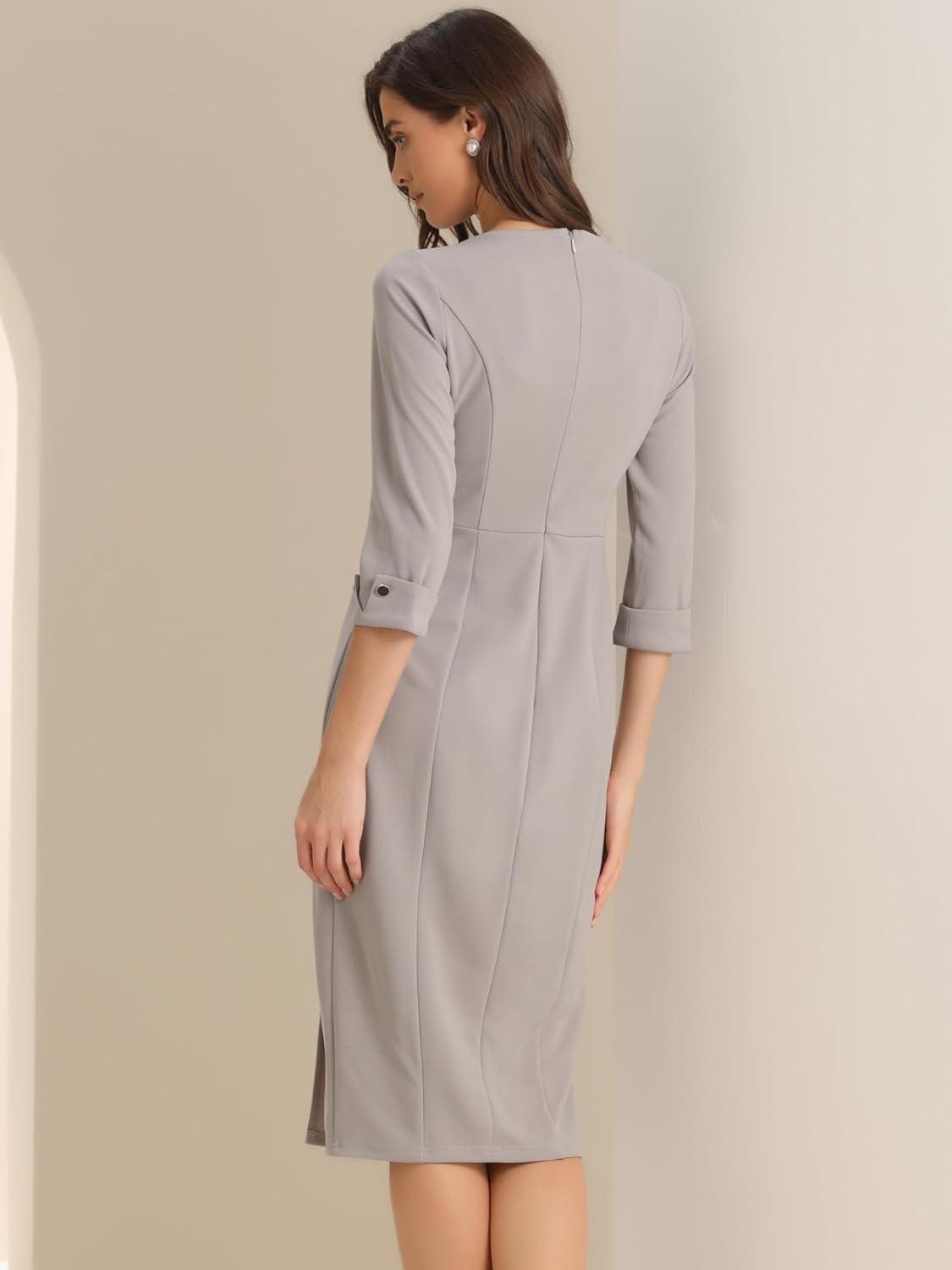 imageAllegra K Womens Elegant Boat Neck 34 Sleeves 2025 Wear to Work Midi Split Sheath DressGrey