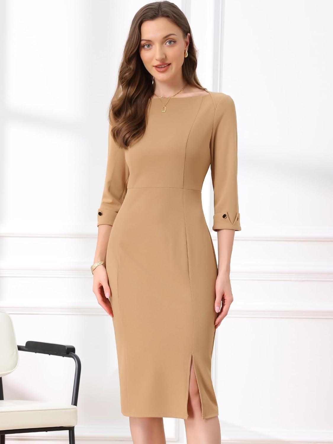 imageAllegra K Womens Elegant Boat Neck 34 Sleeves 2025 Wear to Work Midi Split Sheath DressKhaki