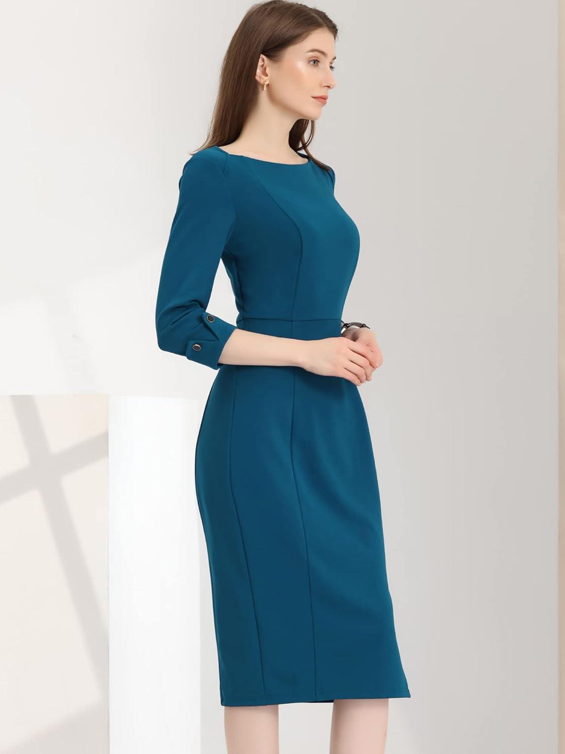 imageAllegra K Womens Elegant Boat Neck 34 Sleeves 2025 Wear to Work Midi Split Sheath DressLake Blue