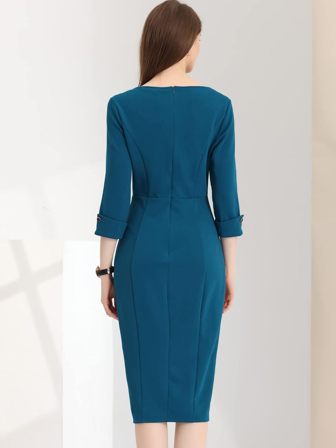imageAllegra K Womens Elegant Boat Neck 34 Sleeves 2025 Wear to Work Midi Split Sheath DressLake Blue