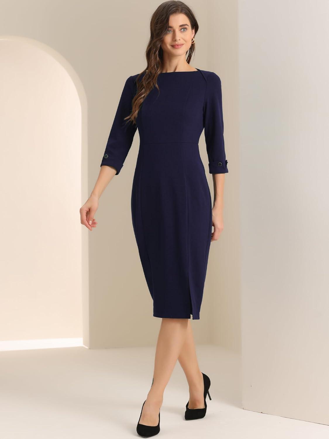 imageAllegra K Womens Elegant Boat Neck 34 Sleeves 2025 Wear to Work Midi Split Sheath DressNavy Blue