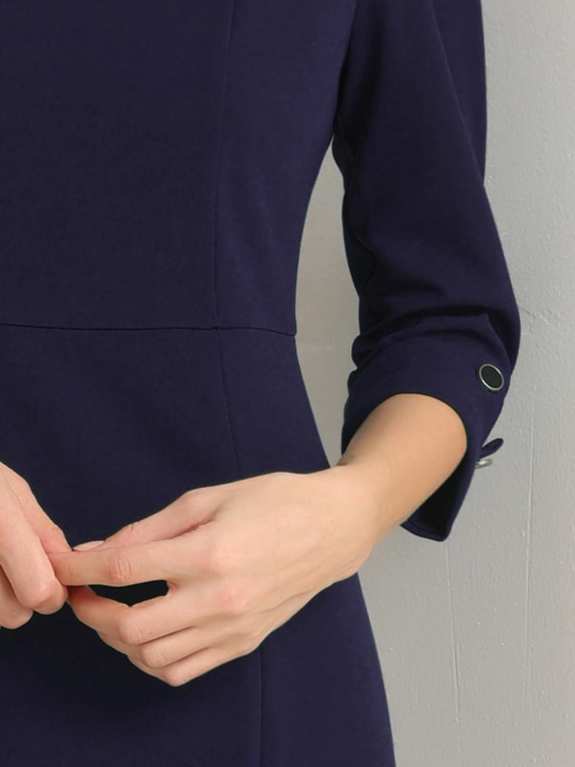 imageAllegra K Womens Elegant Boat Neck 34 Sleeves 2025 Wear to Work Midi Split Sheath DressNavy Blue