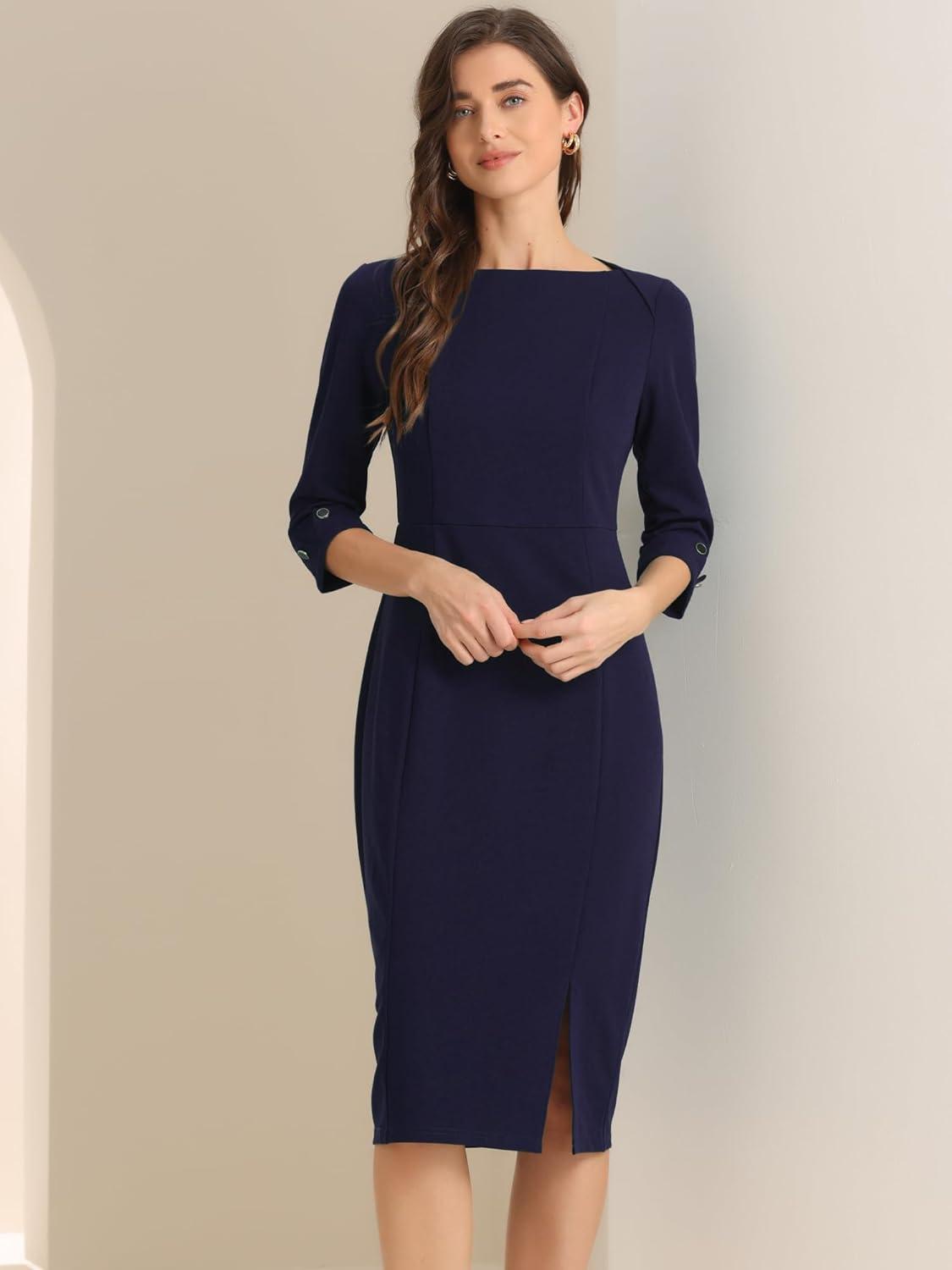 imageAllegra K Womens Elegant Boat Neck 34 Sleeves 2025 Wear to Work Midi Split Sheath DressNavy Blue
