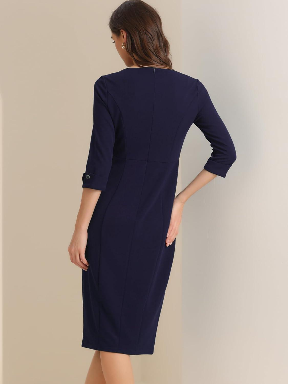 imageAllegra K Womens Elegant Boat Neck 34 Sleeves 2025 Wear to Work Midi Split Sheath DressNavy Blue