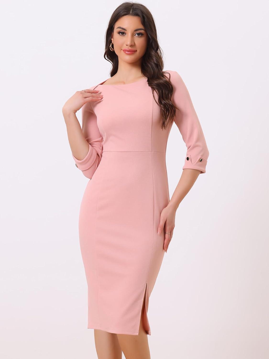 imageAllegra K Womens Elegant Boat Neck 34 Sleeves 2025 Wear to Work Midi Split Sheath DressPink