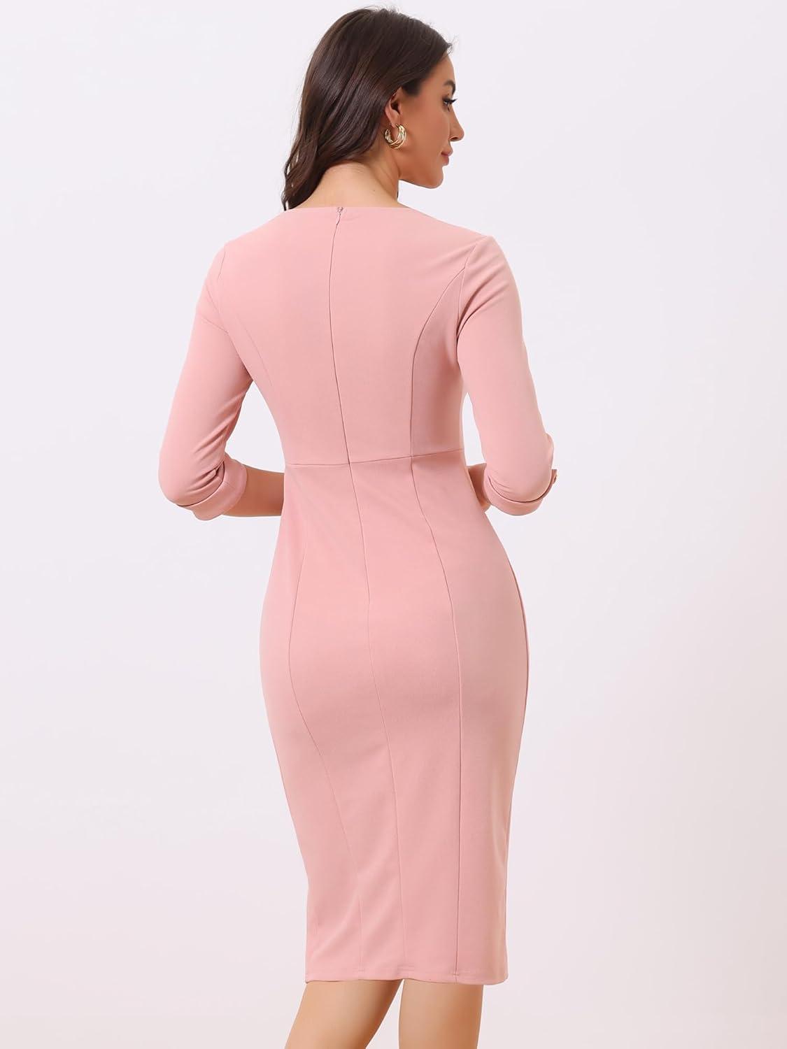 imageAllegra K Womens Elegant Boat Neck 34 Sleeves 2025 Wear to Work Midi Split Sheath DressPink