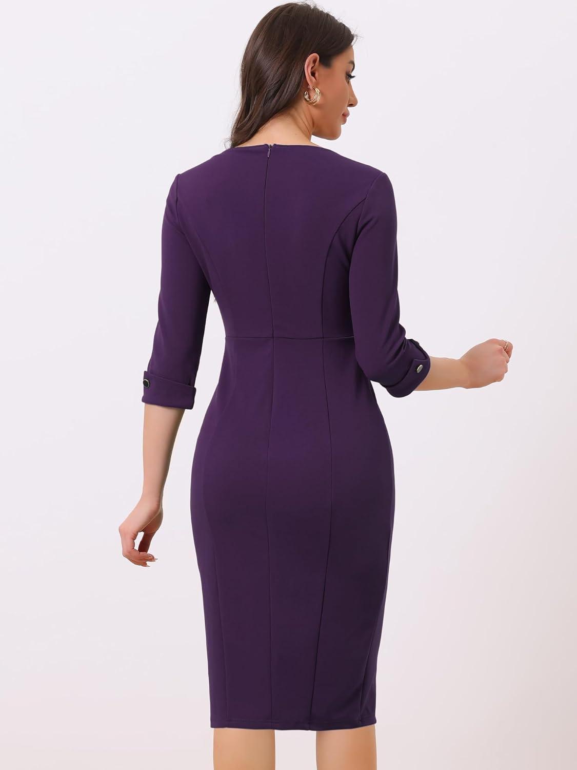 imageAllegra K Womens Elegant Boat Neck 34 Sleeves 2025 Wear to Work Midi Split Sheath DressPurple