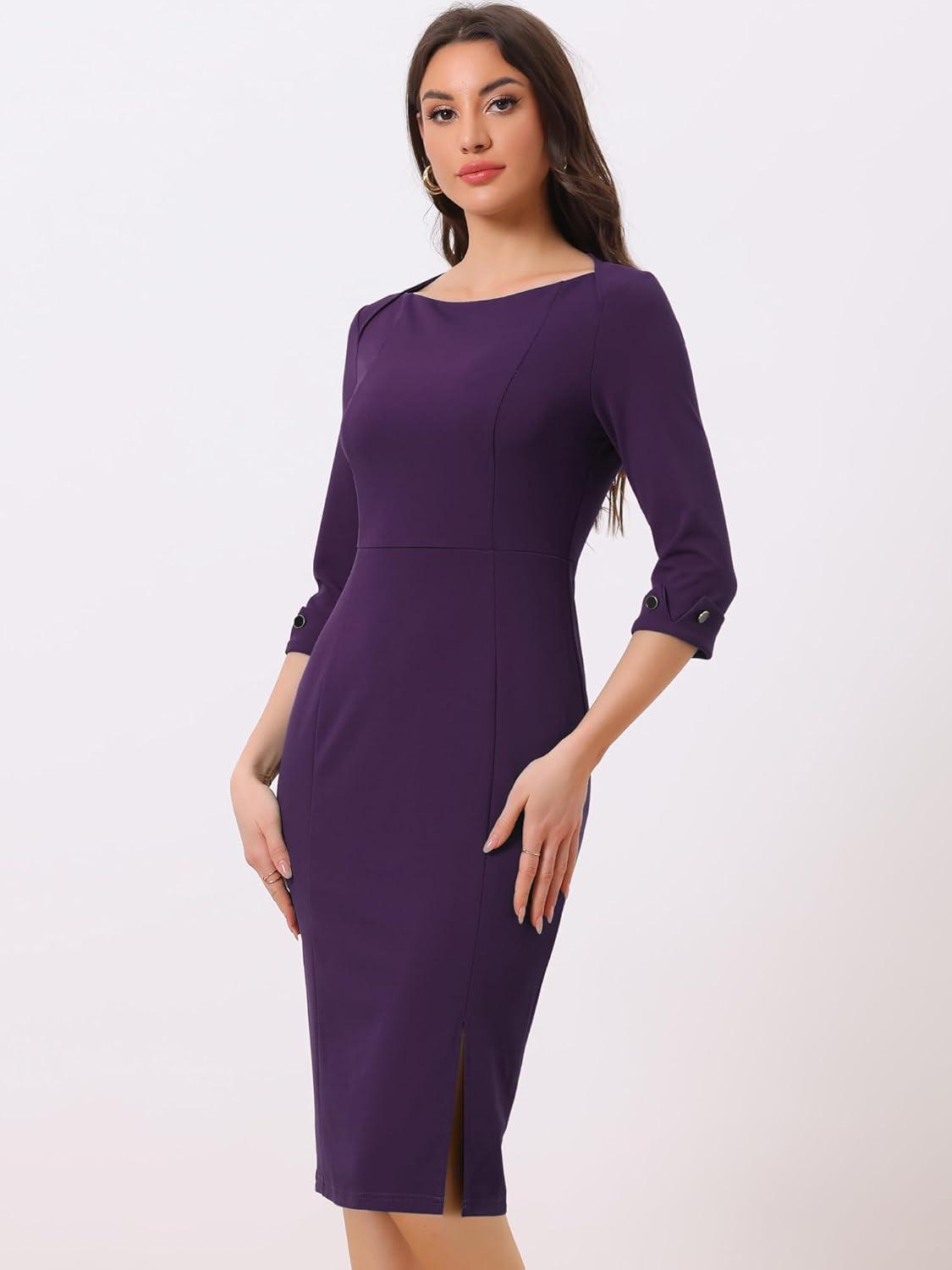 imageAllegra K Womens Elegant Boat Neck 34 Sleeves 2025 Wear to Work Midi Split Sheath DressPurple