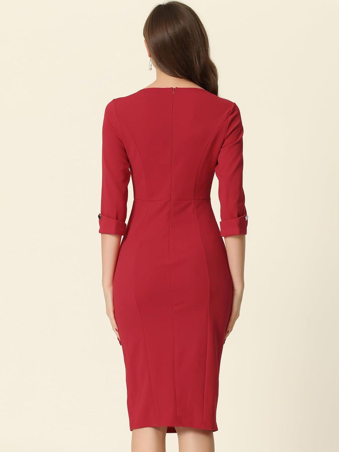 imageAllegra K Womens Elegant Boat Neck 34 Sleeves 2025 Wear to Work Midi Split Sheath DressRed