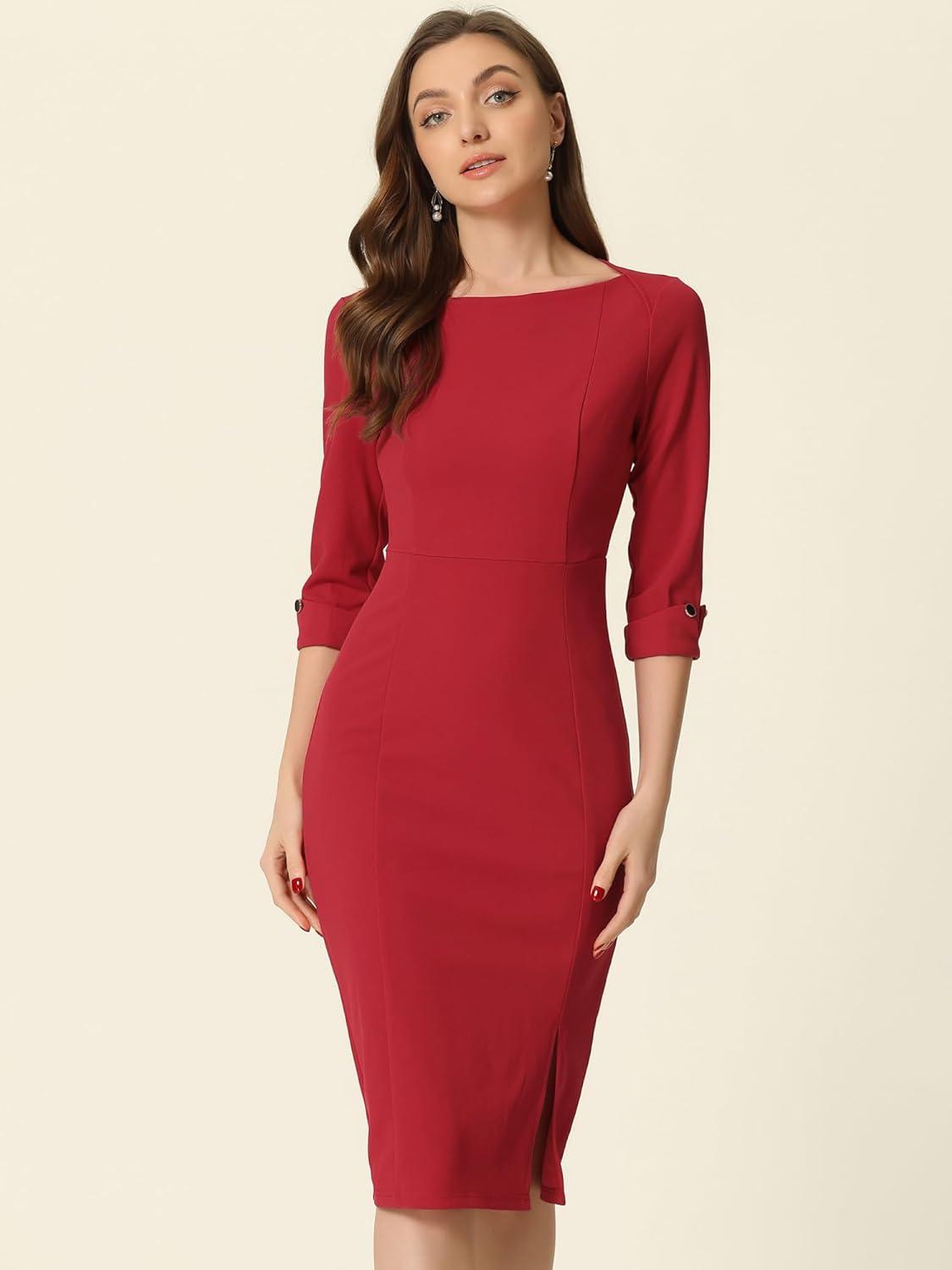 imageAllegra K Womens Elegant Boat Neck 34 Sleeves 2025 Wear to Work Midi Split Sheath DressRed