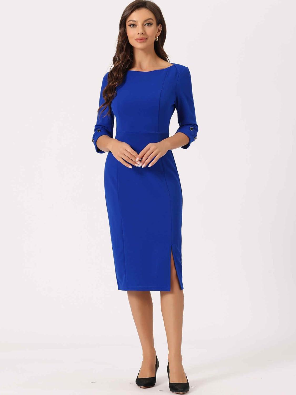 imageAllegra K Womens Elegant Boat Neck 34 Sleeves 2025 Wear to Work Midi Split Sheath DressRoyal Blue