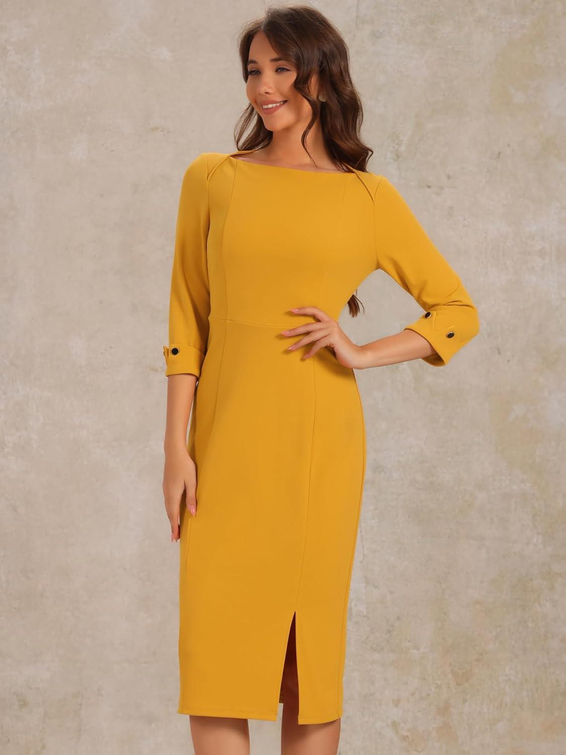 imageAllegra K Womens Elegant Boat Neck 34 Sleeves 2025 Wear to Work Midi Split Sheath DressYellow