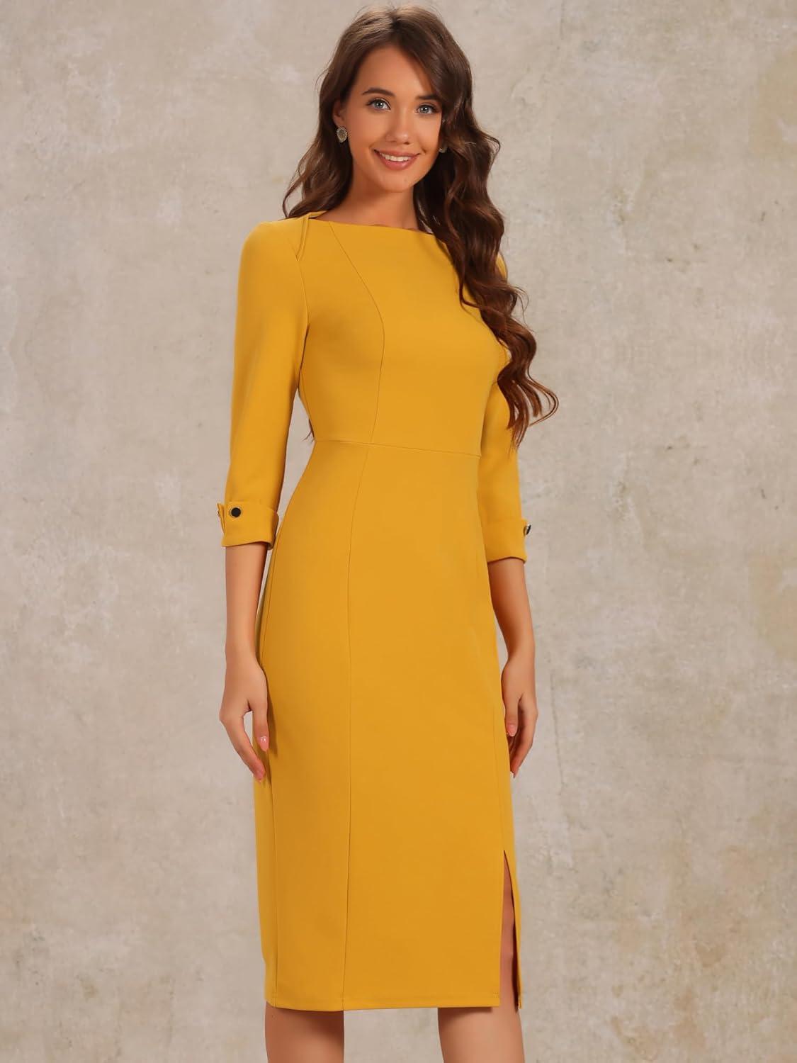 imageAllegra K Womens Elegant Boat Neck 34 Sleeves 2025 Wear to Work Midi Split Sheath DressYellow