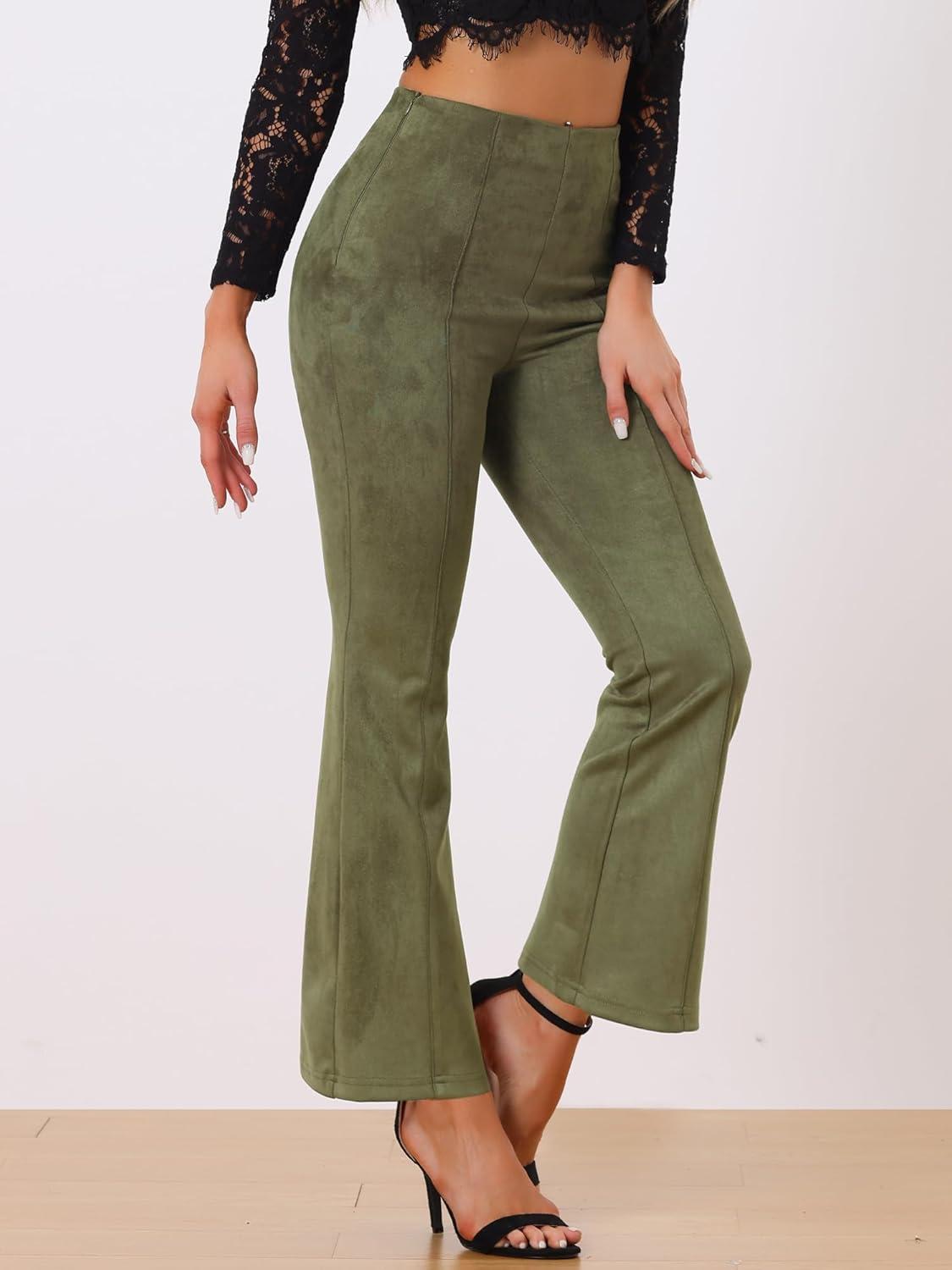 imageAllegra K Womens Faux Suede Pants Business Casual Wide Legs Bell Bottom Flared TrousersArmy Green